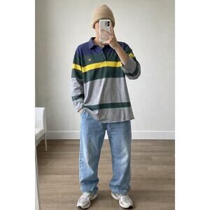 Chaps Rugby Shirt Large Striped Ralph Lauren Styke Raw Hem Grunge Preppy